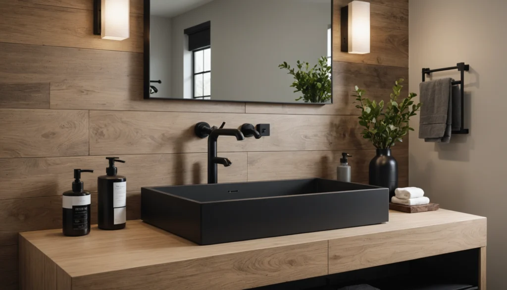 salle de bain avec bois et robinetterie noire