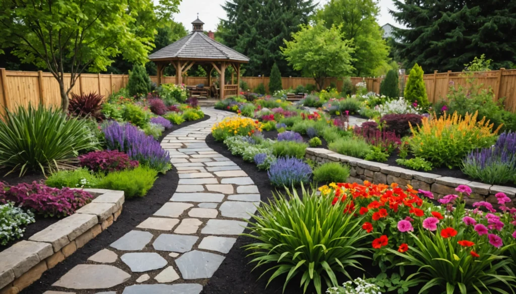 aménagement de jardin avec bois et pierre